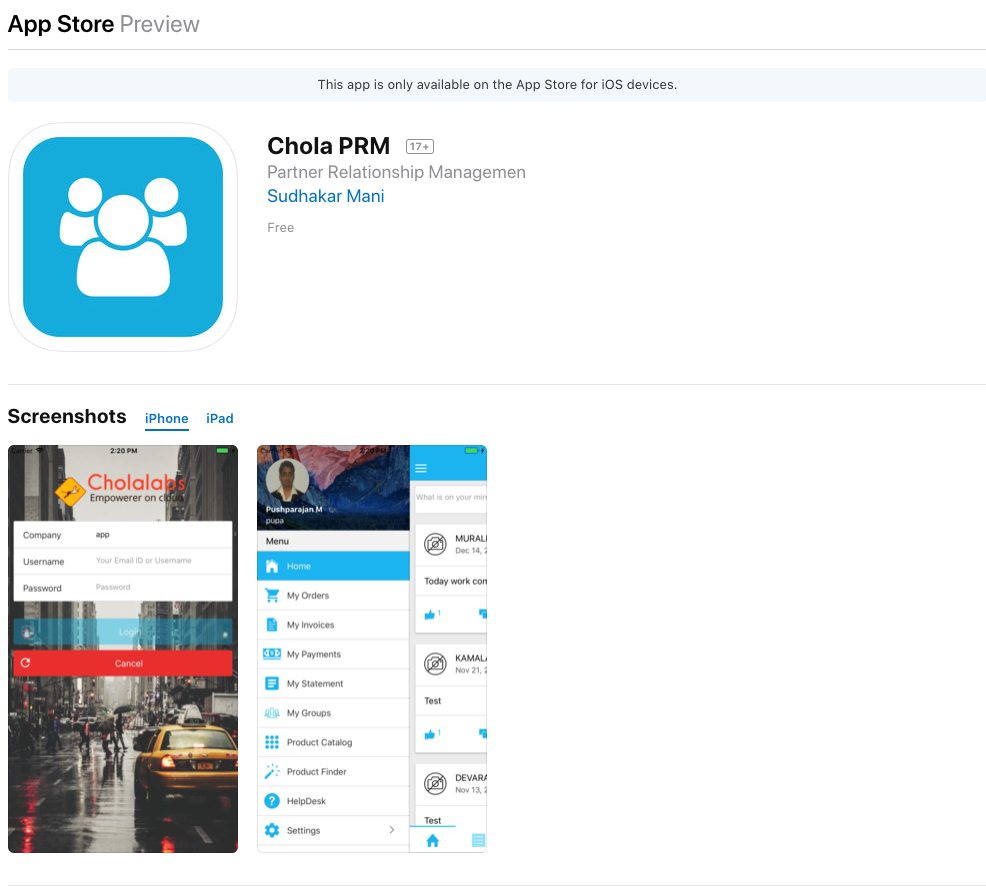 Chola PRM released in App Store